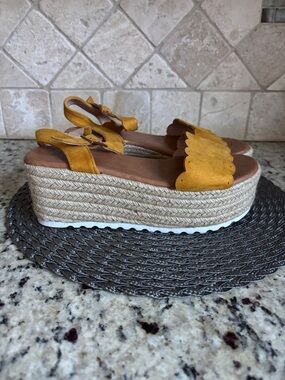 AMS Emma Mustard Yellow Platform Scallop Edged Espadrille Wedge Sandals.